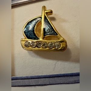 Sail Boat Brooch Pin.  Blue Enamel. Rhinestones.  Gold Toned